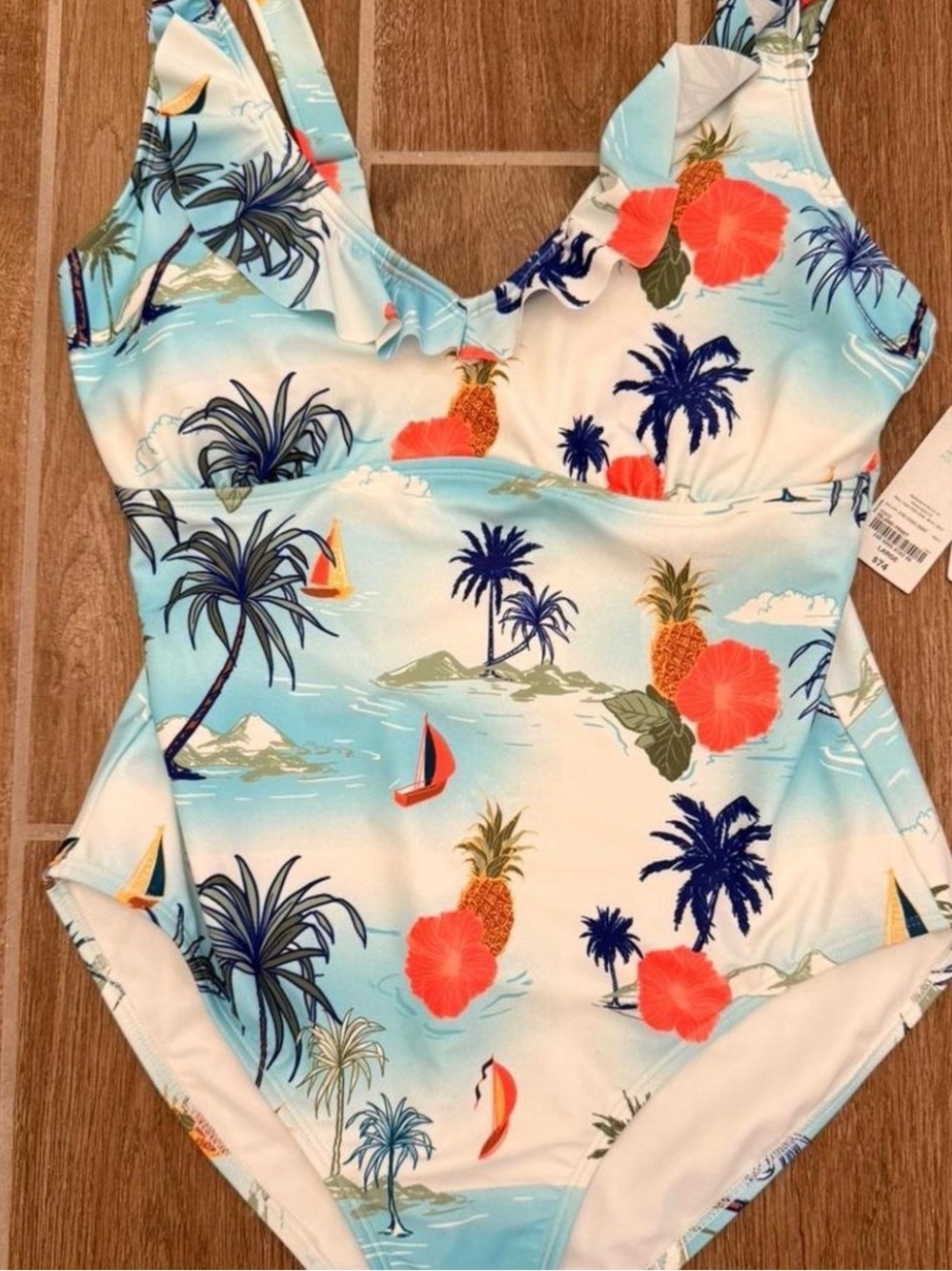 Oasis Light Blue Tropical Floral Print Swimsuit with Coral Accents